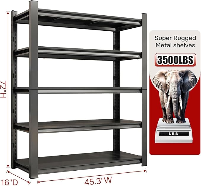 72" H X 45" W Metal Garage Shelving Unit, 3500LBS Storage Shelf, 5-Tier Adjustable Shelving Garage Shelves for Kitchen Warehouse Pantry Basement, Rust-Resistant, 16" D, Black