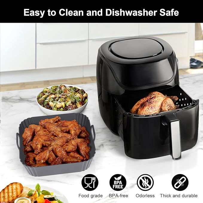 9-Inch Square Silicone Liners for Large Air Fryer 2Pack, Silicone Pot Baking Accessories for Chefman 6 to 8.5QT, Reusable Air Fryer Tray Insert for Oven Microwave Accessories