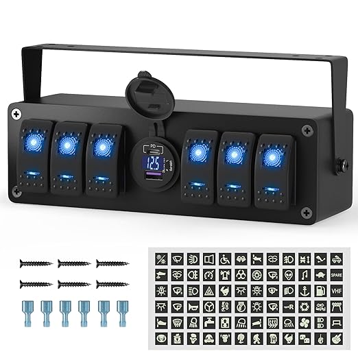Joinfworld 6 Gang Rocker Switch Box Waterproof 12V SPST ON/Off lED Light Bar Switch Panel with Dual USB Outlet PD3.0 & QC3.0 Car USB Port for Boat Marine Automotive Car Truck RV UTV