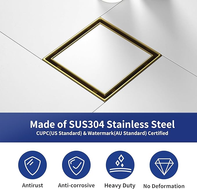 Square Shower Drain 4", Brushed Gold Floor Drain with Tiled Insert Grate & Hair Strainer, 304 Stainless Steel Bathroom 2-in-1 Tiled in Drain, CUPC Certified (Brushed Gold, 4'')