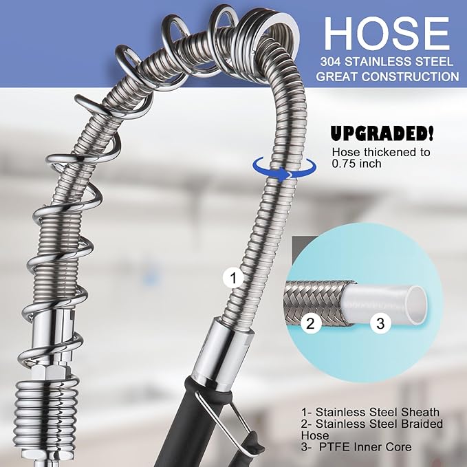 Commercial Sink Faucet with Sprayer 8" Center Wall Mount Kitchen Sink Faucet with 8” Swing Spout 18" Hose Commercial Kitchen Faucet 20" Height Pull Down Spray for Restaurant, Industrial