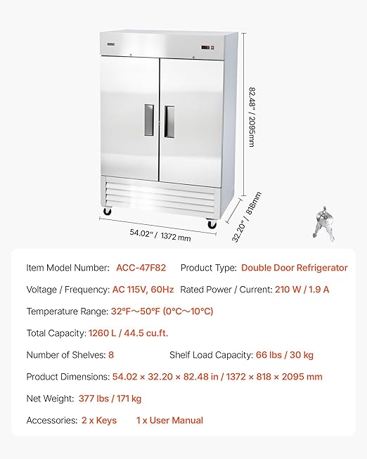 VEVOR Commercial Reach-In Refrigerator 54" W, 44 Cu.Ft Stainless Steel Upright Refrigerator with Double Doors, Auto-Defrost, 8 Adjustable Shelves, 32 to 50℉ Temp Control, ETL Certified
