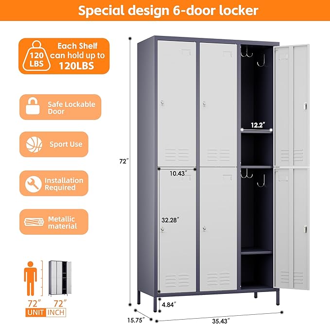 METAN Metal Locker for School Office Gym Bedroom,6 Doors Steel Storage Lockers Cabinet for Employees,Industrial Storage with 1 Shelf,Assembly Required,Gray White