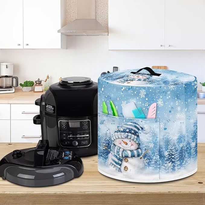 Xoenoiee Blue Christmas Tree Snowman Pattern Kitchen Appliance Dust Covers with Pockets, Electric Pressure Cooker Cover Compatible with Crock Pot, Rice Cooker Cover, for 6 Qt