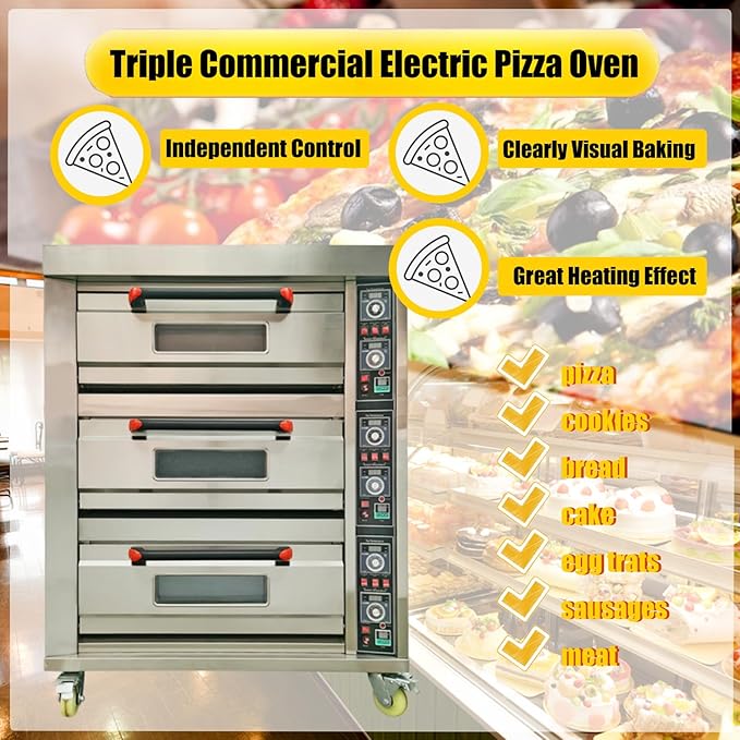 Commercial Pizza Oven Electric Heating Triple Pizza Oven Electric Pizzeria Baking Equippment with Three Layer and Six-Plates Capacity, AC220V Triphase