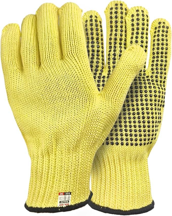 Heat Cut Resistant Gloves,Aramid leather Oven Gloves with Fingers,Heat Resistant Up to 550°F, Thick Knit Grill Mitts (silicone beads, Medium)