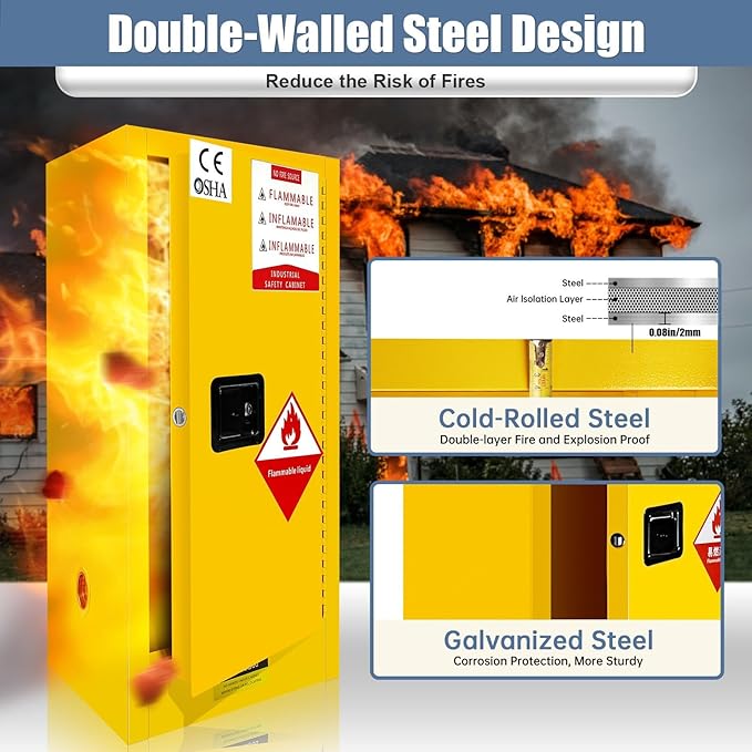 Flammable Cabinet 30 Gallon, Galvanized Steel Chemical Safety Cabinet, 3-Point Locking System & Adjustable Shelf for Warehouses, Industrial Use, Home Use & Commercial Facilities