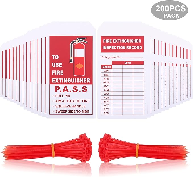 200 Sets Fire Extinguisher Inspection Tags with 200PCS Adjustable Zip Ties and 200PCS Monthly & Annual Safety Inspection Tags for Fire Equipment, 4.2 x 2.1 Inch