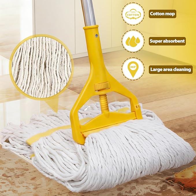 33 Quart Commercial Mop Bucket, with Side-Press Wringer on Wheels. Includes an Industrial Mop. Yellow Industrial Mop Bucket, Suitable for Home, Commercial, Restaurant Cleaning