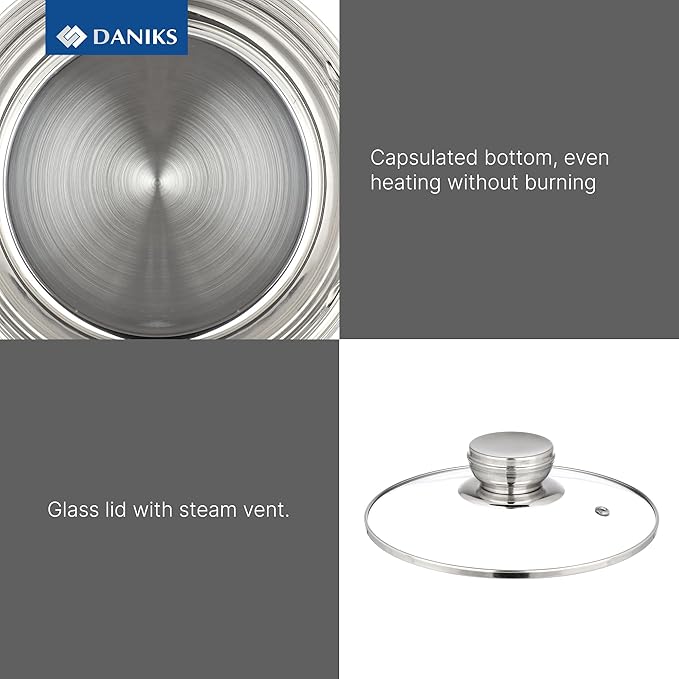 Daniks Standard 11-Piece Stainless Steel Cookware Set with Glass Lids, Includes Saucepan with Lid and Frying Pan, Tri-Ply Bases for Even Heating, Induction Compatible, Dishwasher Safe, Silver