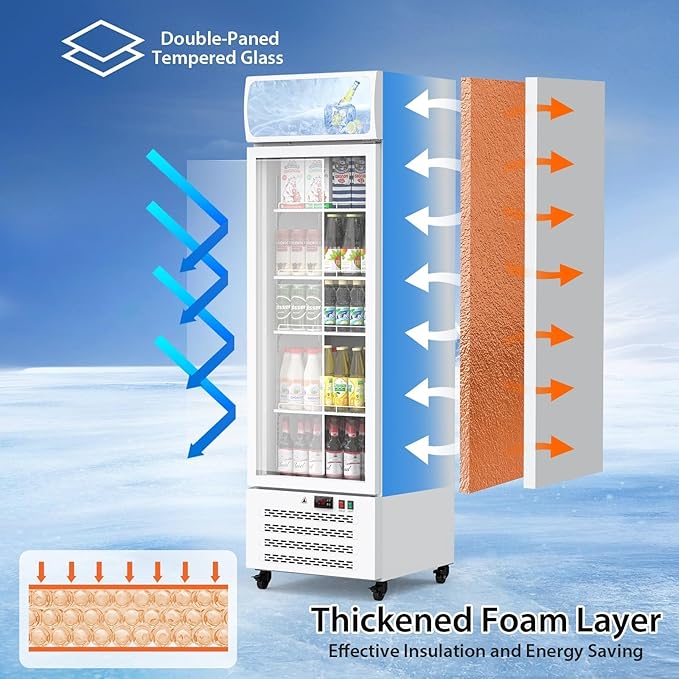 13.4 Cu.Ft Commercial Merchandiser Refrigerator, Commercial Refrigerators With Glass Door and Soft Led Light, Display Refrigerator Upright Fridge With 3 Adjustable Shelves for Shop, Restaurant, White