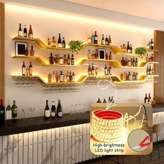 55.1in Modern LED Wine Rack Wall Mounted, 3-Tier Floating Bar Shelves with Wine Glass Rack, Large Hanging Liquor Shelf Wall Mounted, for Home Bar Dining Room Cafe Decorative (Gold, 55.1in/140cm)
