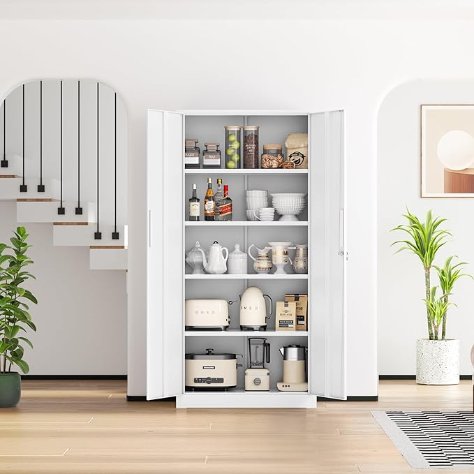 Crownland 72" Metal Storage Cabinet, Lockable Garage Storage Cabinets, High Office Cabinet with Adjustable Shelves for Home Office, Garage, Classroom, Pantry, File(White-Narrow Size)
