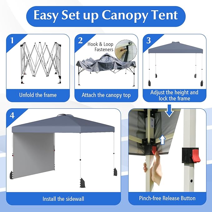 Tangkula 10x10 FT Pop up Canopy with Sidewall, Easy Setup Outdoor Tent with Wheeled Bag, 4 Sandbags, 4 Ropes, 4 Anchors, 8 Stakes, Vented Top, Portable Canopy Tent for Party Event Patio (Gray)