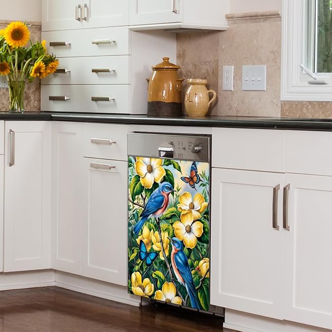 Flowers Birds Butterfly Dishwasher Magnet Cover Front Dishwasher Cover Decor Reusable Magnetic Door Cover Panel Decal Home Appliances Stickers Kitchen Refrigerator Fridge 23"x26"
