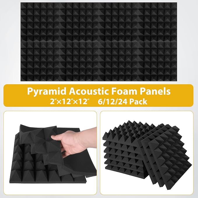 24 Pack Sound Proof Foam Panels for Walls, 2"X 12" X 12" Pyramid Designed Acoustic Foam Panels Sound Absorbing, Noise Cancelling Dampening Wall Panels for Studio Recording & Office & Home