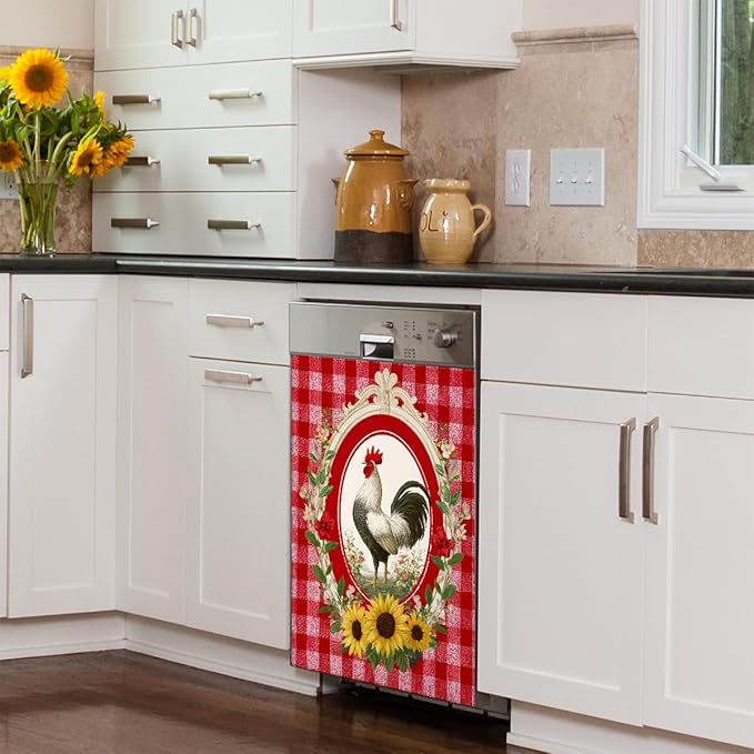 Dishwasher Magnet Cover Red Checkered Rooster Dishwasher Door Cover Panel Decals Magnetic Refrigerator Covers for Kitchen Farmhouse Home Decor 23 X 26 in