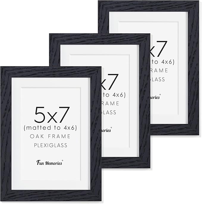 Fun Memories 5x7 Picture Frame, Solid Oak Wood 5 x 7 Frame with Plexiglass, 5 by 7 Photo Frame for Wall & Tabletop Display, 5x7 Picture Frame Matted to 4x6, Black Color, 3 Pack