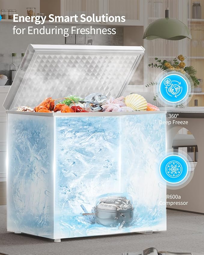 TABU 12.0 Cu Ft Chest Deep Freezer, Large Freestanding Chest Freezer with 7 Level Adjustable Thermostat, Compact Top-opening Deep Freezer with Removable Storage Basket, White