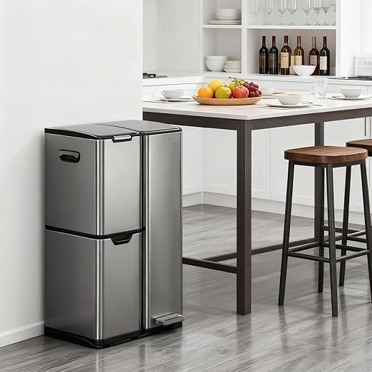 mVm 16 Gal 3 in 1 Kitchen Trash Can, Triple Compartment Garbage Can, Heavy Duty Anti Fingerprint Brushed Recycling Bin for Office Home