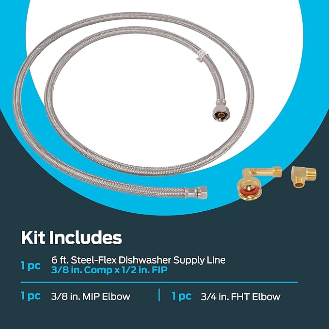 Eastman Dishwasher Installation Kit, 6 Foot Supply Line, 3/8 Inch Compression x 1/2 Inch FIP, 3/8 Inch MIP Elbow, Braided Stainless Steel Dishwasher Connectors, 41032