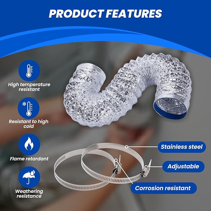 Dryer Vent Hose 4 Inch x 8FT - Flexible Aluminum Dryer Hose with 2 Clamps - Heavy-Duty 6-Layer Dryer Vent Hose for Tight Spaces, HVAC, Bathroom, and Kitchen Exhaust Ventilation