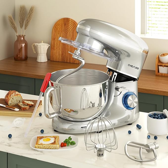 CHeflee Stand Mixer,660W 6+P With 6.5QT Stainless Steel Bowl,Dough Hook, Wire Whip & Beater,for Most Home Cooks (Silver)
