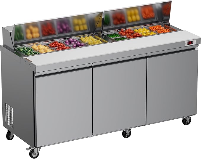72" W Sandwich Salad Prep Table 3 Door Commercial Stainless Steel Food Prep Station, Cut Board with lock for Restaurant