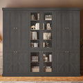 70.8" Tall Farmhouse Bookshelf, Modular Bookcase with Glass Doors, 6-Tier Adjustable Shelves, Large Storage Cabinet for Kitchen, Living Room, Black, Set of 3