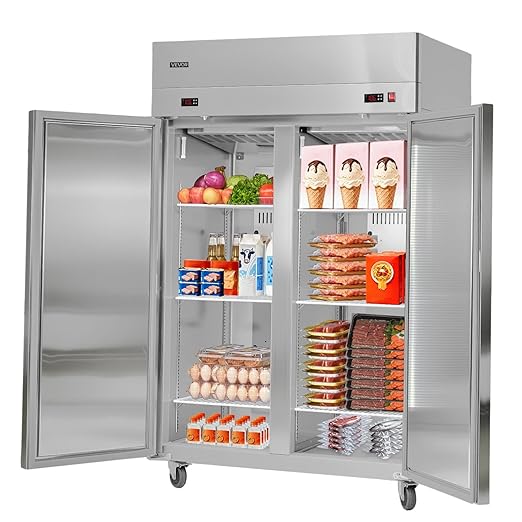 VEVOR Commercial Refrigerator and Freezer Combo 48" W, 32 Cu.Ft Stainless Steel Upright Refrigerator/Freezer with Double Doors, Auto-Defrost, 6 Adjustable Shelves, UL Certified