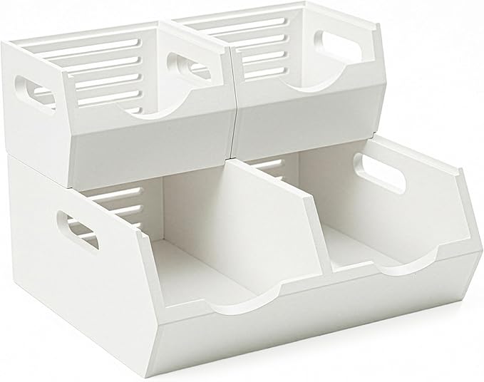 HOMESTEAD Stackable Solid Wood Storage Bins for Kitchen Pantry & Countertop, Ventilated Potato and Onion Basket Organizer with Handles, Wooden Produce Storage Containers, 3-Pack, White