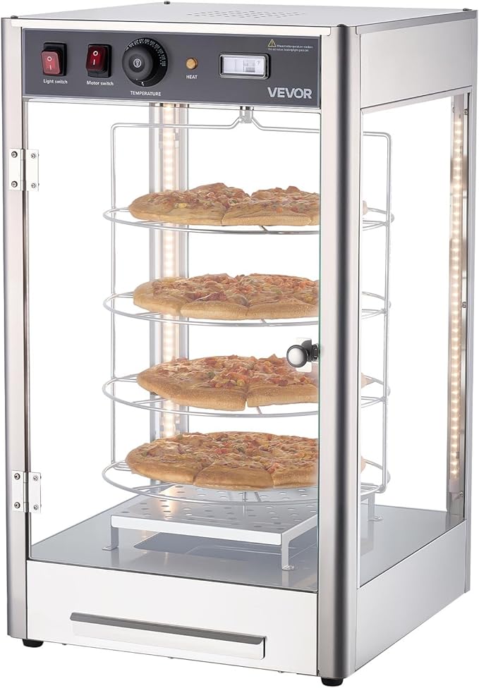 VEVOR Commercial Food Warmer Display, 4-Tier Pizza Warmer with Rotary Steam Heating for 14 in Pizza, 86℉~185℉ Temperature Control and Temp Display, 25W Oven Light + Top LED for Pizza Shop, Restaurant