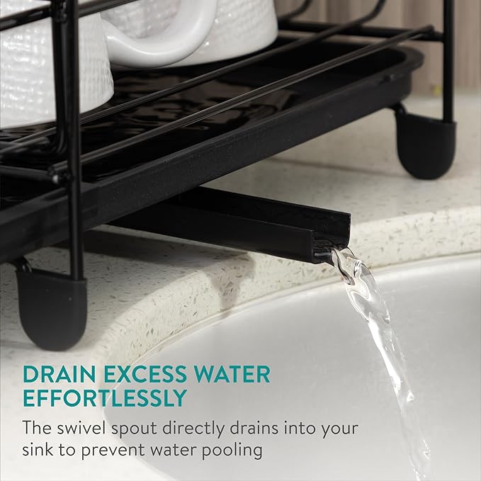Navaris Expandable Dish Rack - Adjustable Draining Board for Drying Dishes - Removable Plates and Cutlery Holder - Kitchen Sink Washing Up Drainer with Plug and Drip Tray - Black