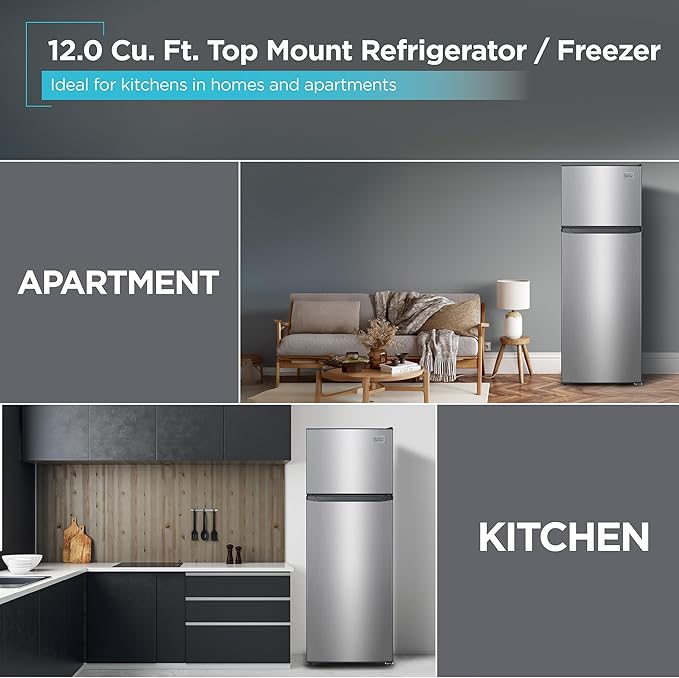 BLACK+DECKER 12 Cu. Ft. Top Mount Refrigerator with Freezer, 2 Door Fridge with Top Freezer and Adjustable Temperature Control, For Homes and Apartments, BDA12GLAS, Stainless Steel Look
