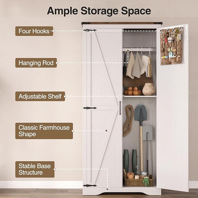 69" Tall Storage Cabinet with Adjustable Shelves, Farmhouse Pantry Organize with 2 Barn Doors, Large Freestanding Cabinet for Kitchen, Garage, Basement, Living, Utility Room, Off-White