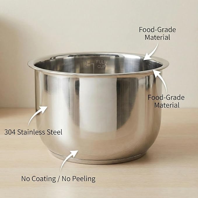 Rice Cooker Replacement Pot, Compatible with AROMA-ARC-954SBD and ARC-914SBD 4-Cup, 304 Stainless Steel for Everyday Home Cooking, Durable Easy-Clean Design