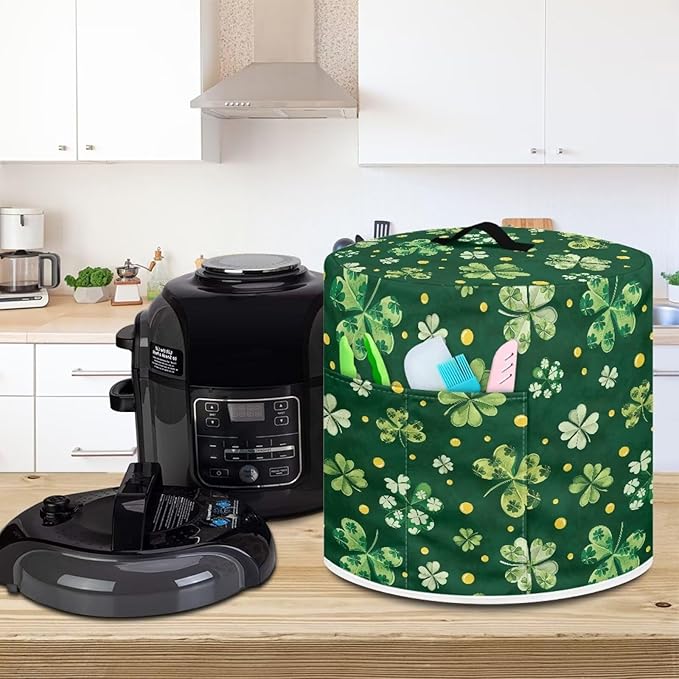 Xoenoiee Green Clover Print Kitchen Appliance Dust Cover with Pockets, Electric Pressure Cooker Cover Compatible with Crock Pot for St.Patrick's Day Decor, Rice Cooker Covers, for 8 Qt