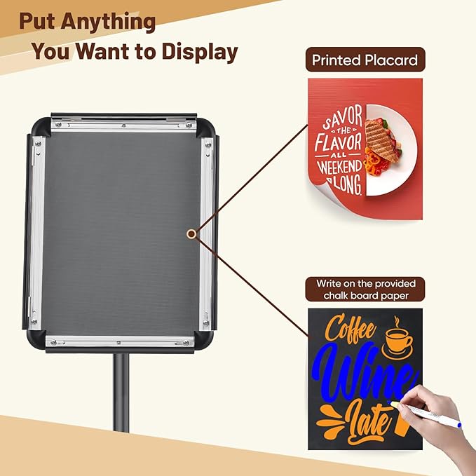 Pedestal Floor Stand Sign Holder for 8.5x11 inches Poster or chalk board, Snap open frame,360° Rotation,Outdoor Indoor Standing Display Sign Holders for commerical, directional, Black 3 Pack
