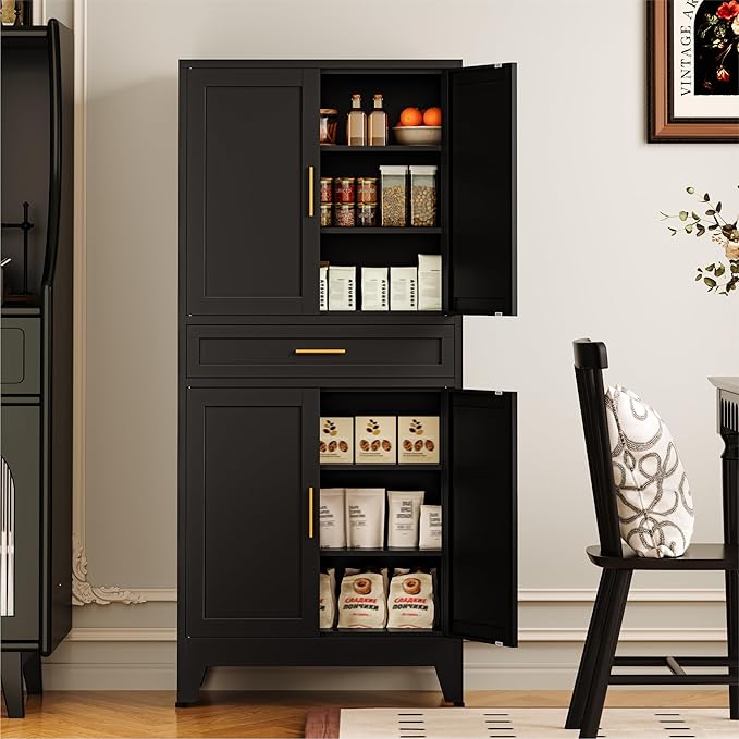 COFaR 71" Modern Pantry Cabinet with Drawer, Black Storage Cabinet with Adjustable Shelves, 3-Section Industrial Cupboard for Kitchen & Office