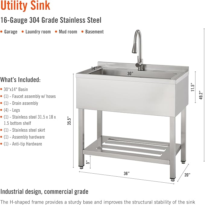 TRINITY Stainless Steel Freestanding Single Bowl Utility Sink for Garage, Laundry Room, and Commercial Use, Includes Pull-Out Faucet, NSF, UPC and cUPC Certified, 36" x 20" x 49.2", Stainless Steel
