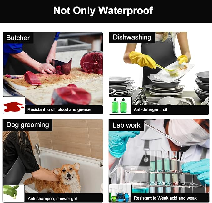Waterproof Rubber Apron, 48" XL Anti-Tear Heavy Duty Vinyl Adjustable Thicker Cross Back for Restaurant Dishwashing, Butcher, Lab Work, Dog Grooming - Black