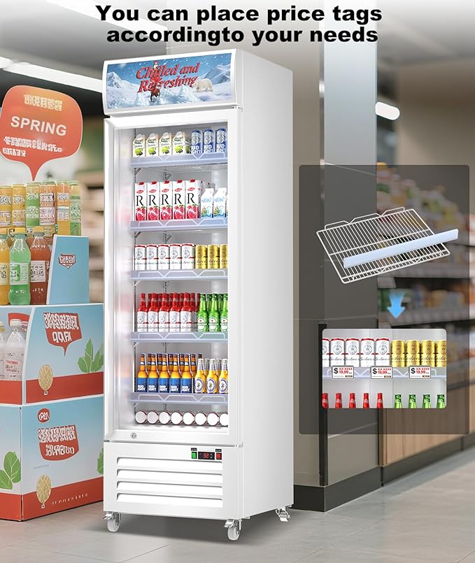 Tylza Commercial Refrigerator with Glass Door Display Beverage Fridge, 13.52 Cu Ft Upright Beverage Cooler Merchandiser with Rebound Door, Fast Cooling, Low Noise, White