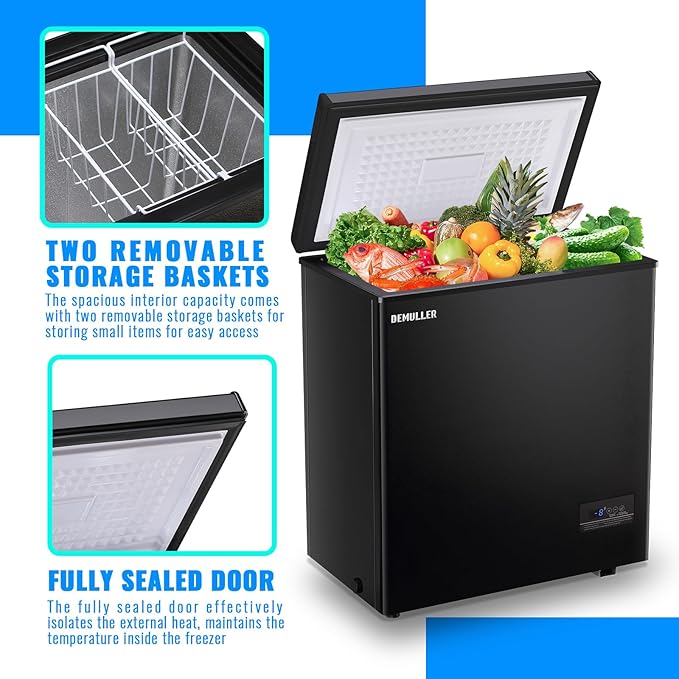Large Capacity Chest Freezer Mini Deep Freezers (Down to -11.2 ℉) with TWO Removable Baskets Freestanding Black Compact Size for Home Kitchen Office Apt
