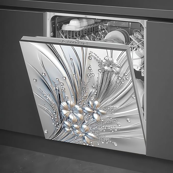 Flowers Dishwasher Magnet Cover 23x26 Inch Silver Floral Refrigerator Sticker Washer Kitchen Decor Floral Magnets Sticker Refrigerator Magnets Decor Panel Kitchen Appliances Art Decor