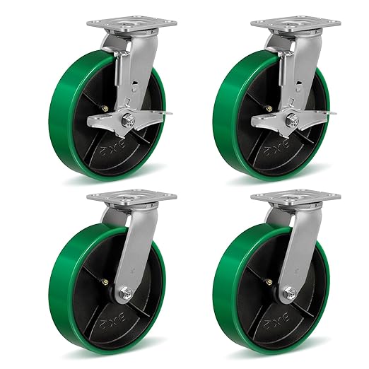 8" Heavy Duty Casters, Casters Set of 4 Total Capacity 6000 lbs- Polyurethane on Steel Wheel, Industrial Casters for Carts Pallet Trucks(2 Brake & 2 Swivel)