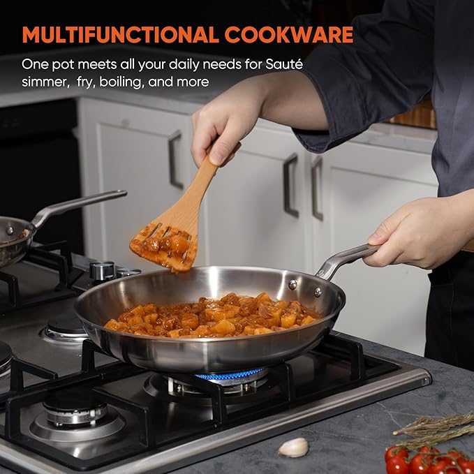 12 Inch Stainless Steel Frying Pan - 5 Ply Stainless Clad Skillet with Aluminum Core, Durable and Even Heating, Professional Cookware for Induction, All Stoves, Oven and Dishwasher Safe