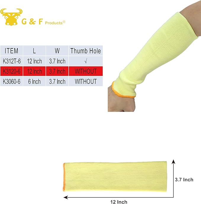 G & F PRODUCTS 100% Kevlar fiber by DuPont Cut Resistant Knit Sleeve, Sold by 6-piece pack