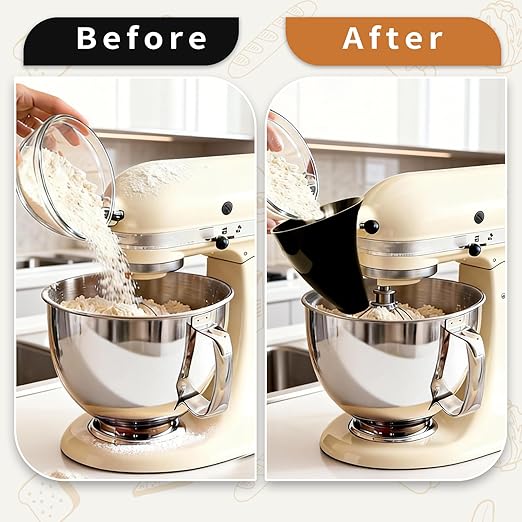 Flour Funnel for Kitchen Aid Mixer, Mess-Free Pouring Flour Funnel for Stand Mixer, Fits Artisan KSM150 5 Quart Tilt-Head for Egg Liquid and Both Flour, Durable Baking Kitchen Accessories (Black)