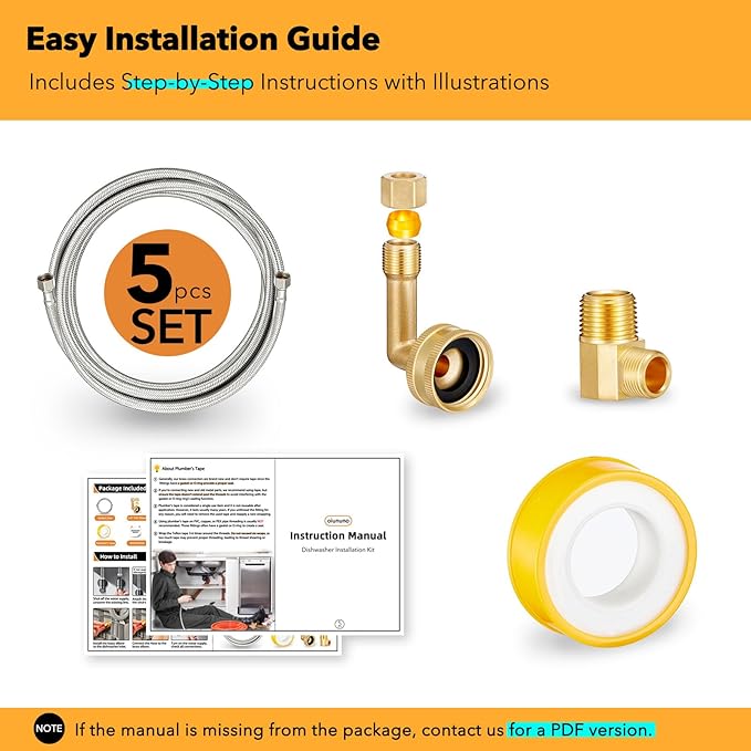 Dishwasher Installation Kit, 4 FT Stainless Steel Braided Dishwasher Water Supply Line with Food-Grade PEX, 3/8" x 3/8" MIP & 3/8" x 3/4" FHT Elbow Connectors