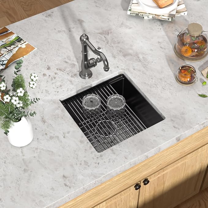 Undermount Bar Sink - 17x17 Inch Workstation Black Bar Sink Stainless Steel Small Wet Prep Sinks 16 Gauge Single Bowl Under Counter Camper Sink with Cutting Board and Assembly #TLU-0019